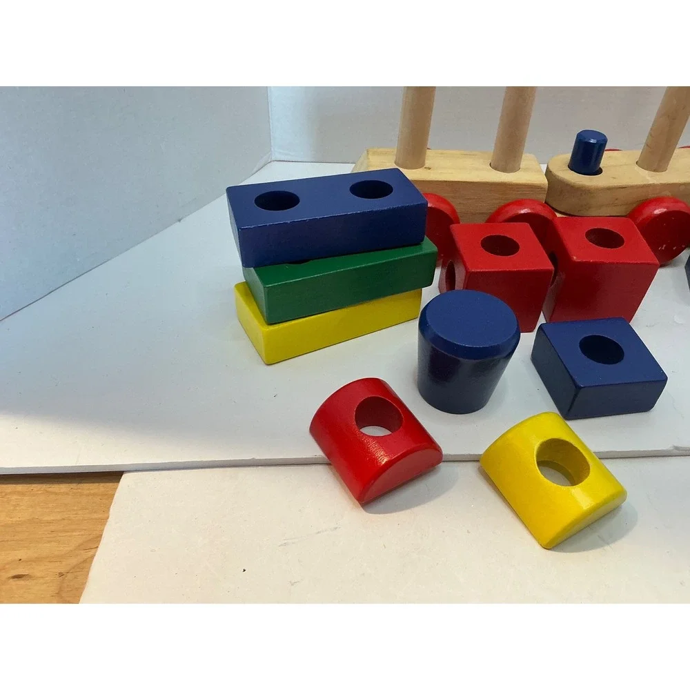 Melissa & Doug Wooden Stacking Train Toy Colorful Geometric Blocks Toddler Set